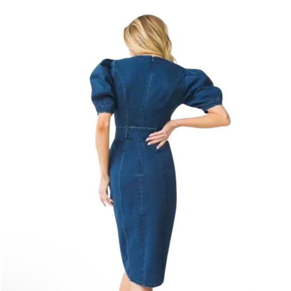 NEW- NWT Jealous Tomato Denim Puff Sleeve Button Dress Blue Medium - Picture 2 of 7